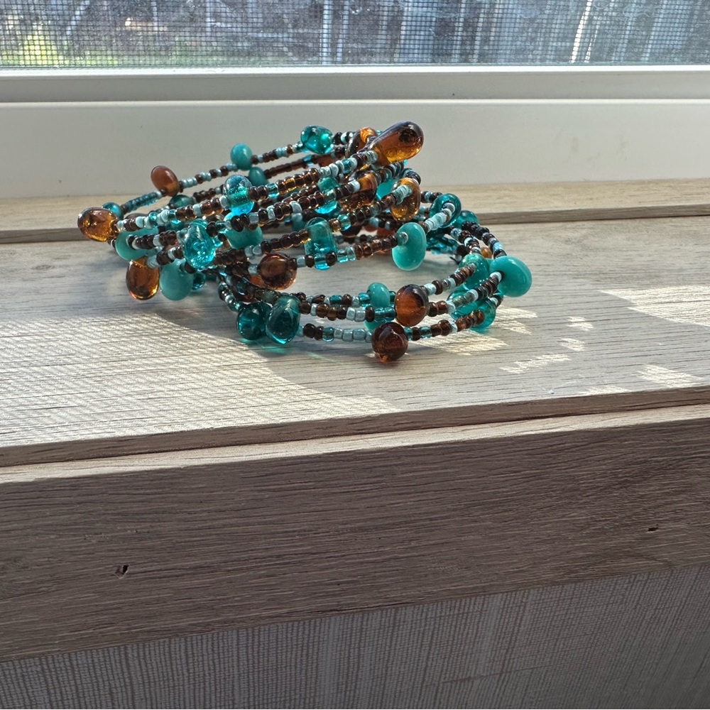 Elegant Beaded Bracelet Set in Teal and Amber